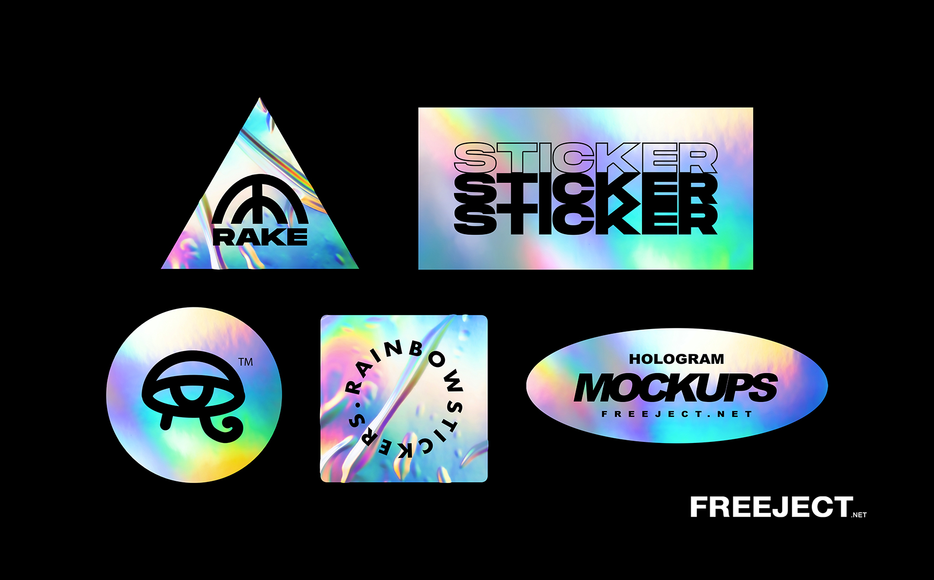 This is a blank mockup . Free 5 Holographic Rainbow Foil Sticker Mockups Psd File