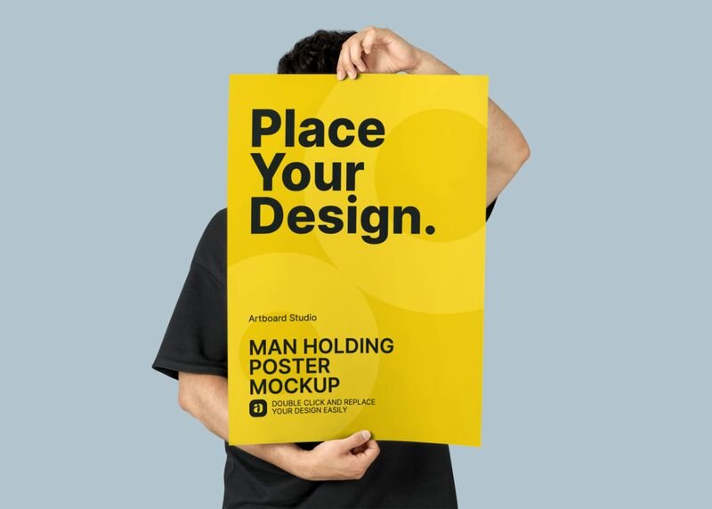 Man holding poster mockup psd. Man Holding Poster Flyer Mockup Template